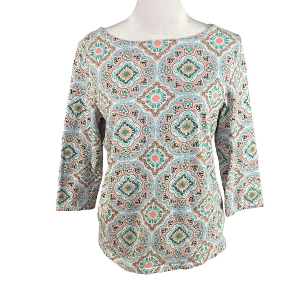 Talbots Petite LP Top 3/4 Sleeve Tee Tunic Pastel Geometric Cotton Blend PL